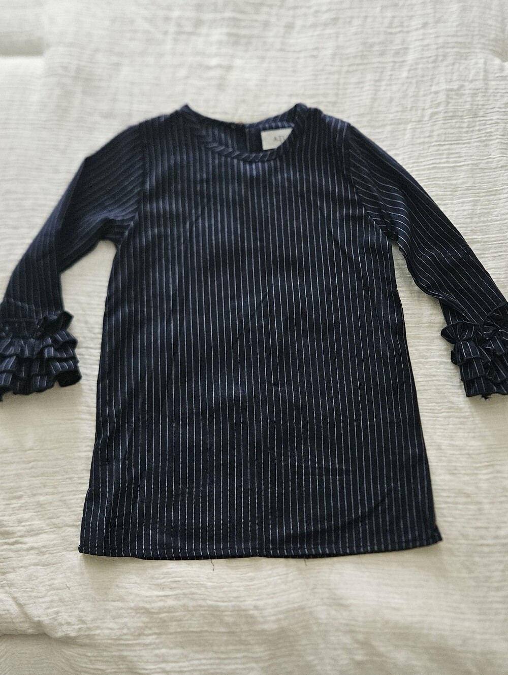 A.T.U.N. Navy Pinstripe Ruffle-Sleeve Dress, Size 7-8Y